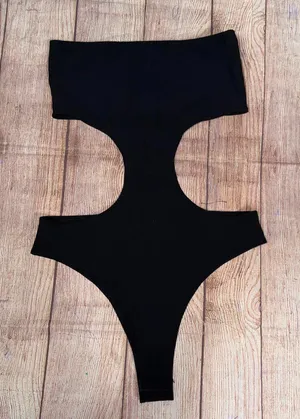 Edikted Black Ribbed Strapless Cutout One-Piece Bodysuit Medium thumbnail 1