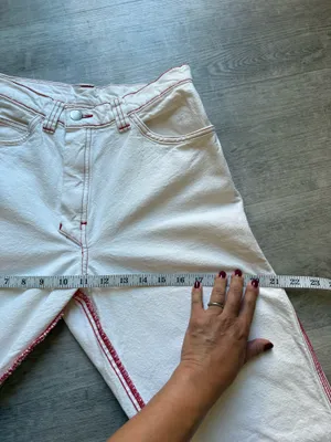 Madhappy Mid Rise Straight Leg 5 Pocket Off-White Jeans Red Stitching Size S thumbnail 12
