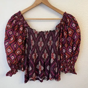 Conditions Apply Smocked Puff Sleeve Top Small Boho‎ Geometric Peplum Peasant thumbnail 7