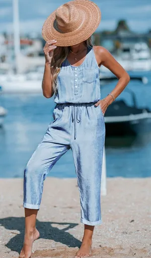 Cupshe Woman’s Lg Light Blue Sleeveless Elastic Waistband Chambray Jumpsuit thumbnail 1