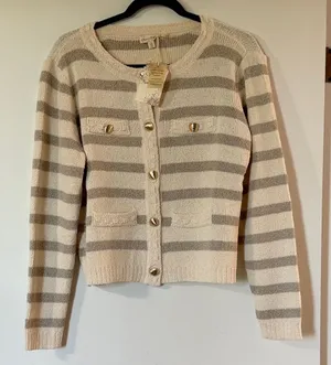 Hem & Thread Cream and Taupe Striped Button Cardigan thumbnail 1