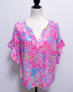 Lilly Pulitzer Pink Isle Quinna Shell Me Something Good V Neck Short Sleeve Top thumbnail 1