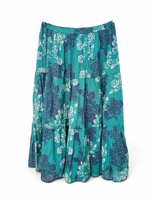 KRAZY KAT 100% Cotton Tiered Floral Maxi Skirt, Large, Teal Boho Cottagecore thumbnail 2