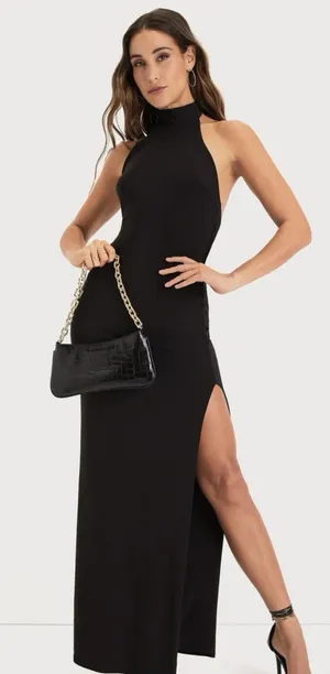 Lulus Flawless Expression Black Mock Neck Halter Maxi Size L thumbnail 1