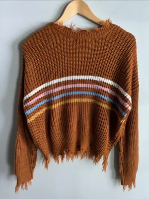 No Comment Distressed Oversized Sweater Brown Stripe Chunky Knit Size S thumbnail 5