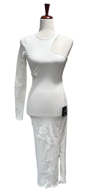 Lulu's NWT Small Enticing Allure White Ribbed Asymmetrical Cutout Midi Dress thumbnail 1