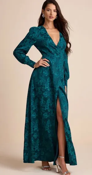Lulu's Teal Floral Wrap Maxi Gown with Slit thumbnail 1