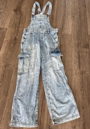 Vintage y2k Aerie Denim Cargo Overalls Light Wash Wide Leg Utility Dungarees S thumbnail 1