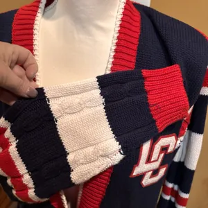 Vintage 90s‎ Lizsport Varsity Cardigan Sweater LC Red Navy Striped NWT Medium thumbnail 7