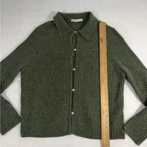 Abercrombie & Fitch Womens Ribbed Polo Cardigan Pearl Button Green Wool Blend L thumbnail 7
