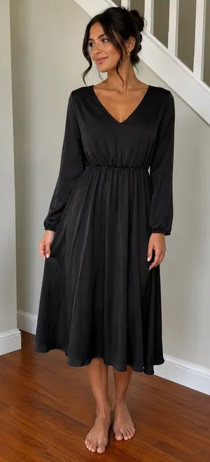 Elegant Black V-Neck Long Sleeve satin Midi Dress thumbnail 1