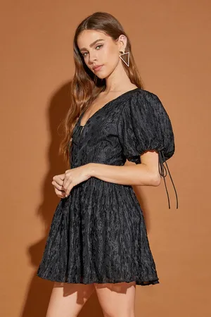 Mustard Seed Tie Front Puff Sleeve Floral Jacquard Dress thumbnail 2