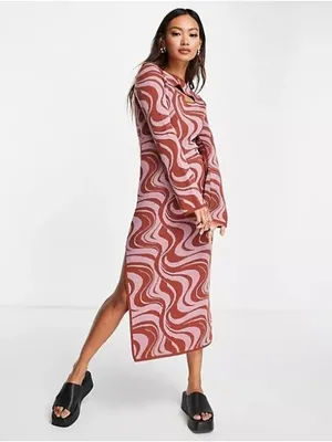 ASOS Swirl-Print Maxi Dress in Dusty Rose and Light Pink thumbnail 6