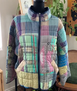 Free People Madras Plaid Kantha Quilted Dolman Preppy Hamptons Bomber Jacket thumbnail 1