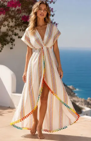 America & Beyond M Rainbow Stripe Pom Pom Maxi Dress Boho Resort Beach Vacation thumbnail 1