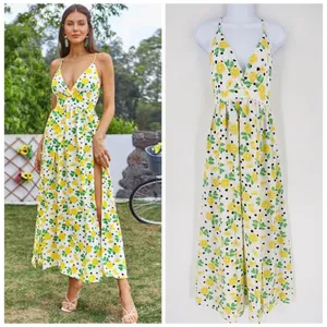 Womens Lemon Print Maxi Dress Halter Neck Size S Slit White‎ Yellow Fun Party thumbnail 2