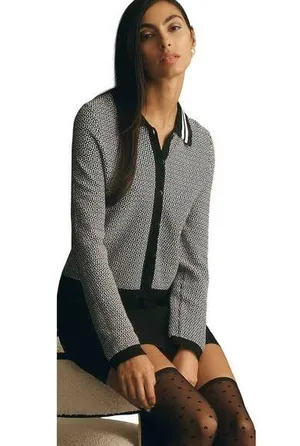 Anthropologie Maeve Preppy Black/White Cropped Plunging Polo Cardigan Size Small thumbnail 1