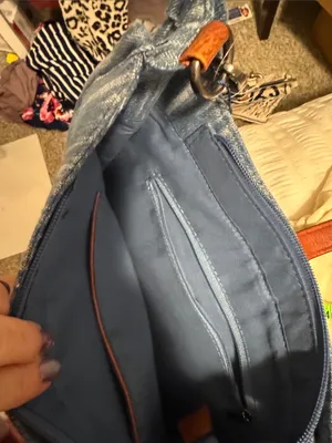 Denim Shoulder Bag with Brown Leather Accent Strap Blue thumbnail 6