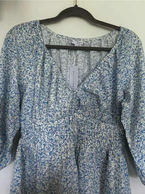 NWT Baltic Born Koa Blue Floral Print‎ Long Sleeve V Neck Short Mini Dress Large thumbnail 3