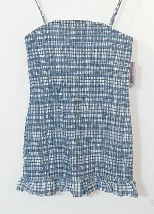 Wild Fable gingham smocked slate blue white mini summer dress w/ ruffle details thumbnail 1