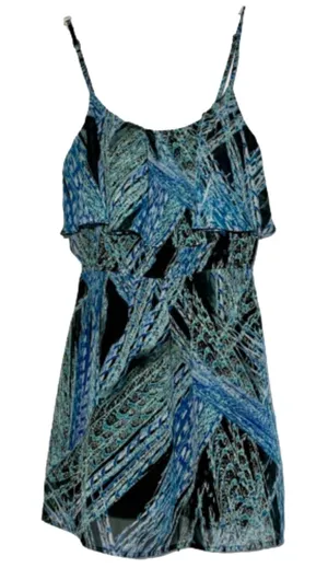 Lila Rose Dress Blue Green Black Print Sleeveless Ruffle Mini Dress Medium thumbnail 1