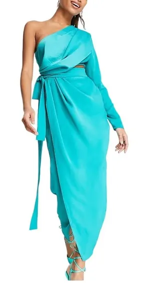 ASOS DESIGN Womens One Shoulder Drape Wrap Maxi‎ Dress Turquoise Blue Size 6 thumbnail 1