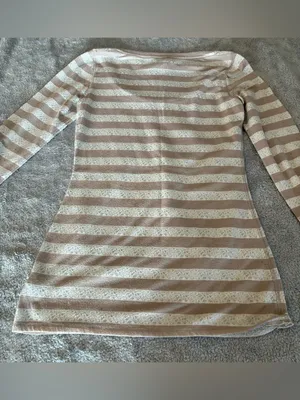 Women’s Express Striped Long-Sleeve Scoop Neck Top in Beige and White Size Small thumbnail 5