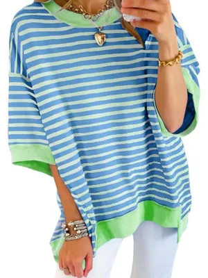 SHEWIN Womens Oversized Tops Crewneck Striped Sweatshirt Pullover Shirt thumbnail 1