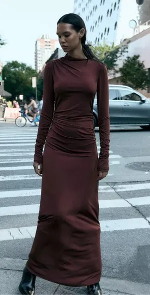 Zara Elegant Burgundy brown wine Maxi Dress stretchy long Sleeve Casual bodycon thumbnail 6