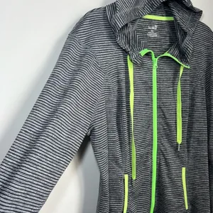 Lukka Hooded Athletic Full Zip Jacket Gray Black Stripes Pockets Thumb Holes XL thumbnail 4