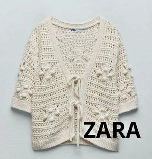 Zara off white cream ivory crochet short sleeve tie front knit sweater cardigan thumbnail 6