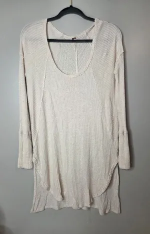 Free People Women’s Large Cream Waffle Knit Long Sleeve Tunic Pullover Top thumbnail 1