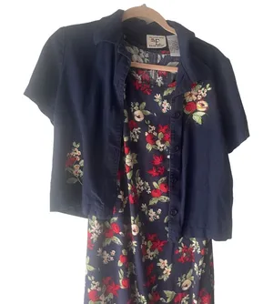 Ease Sport Vintage Size‎ 8 Blue Floral Linen Blend Dress & Cardigan Cottage thumbnail 1