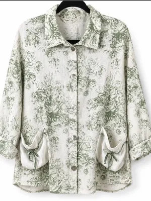 Angel Pie Linen Shirt S/M Green Floral Lagenlook Oversized Boho USA Made thumbnail 2