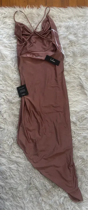Lulus XS Brown Satin Polyester Cowl Neck Slip Maxi Dress Asym Hem Slit thumbnail 4