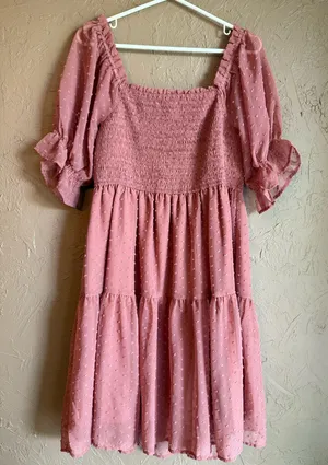 Pink ruffle Tecrew dress with puff sleeves thumbnail 3