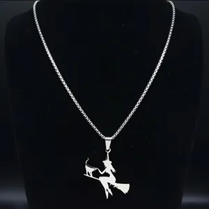 Witch Broom Cat Pendant Necklace Women Witchcraft Silvery Color Hollow Out‎ thumbnail 8