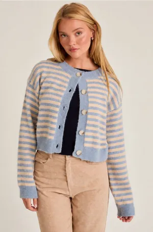 NWOT Le Lis Blue Striped Fuzzy Cropped Cardigan thumbnail 1