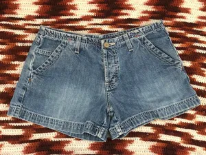 Y2K Vintage American Eagle Micro Mini Baddie Low Rise Denim Jean Booty Cargo Shorts Light Blue #gothic #whimsigoth #cyber #punk #biker whimsygoth Size 4-Measurement in pics thumbnail 1