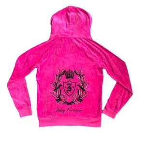 Juicy Couture Velour Vintage Y2K Pink Hoodie Jewel‎ Crest Emblem Dog Couturist M thumbnail 2