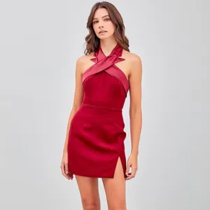 Crossing tailored neck line open back mini dress with slit Large thumbnail 2