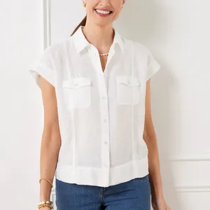 Talbots Extended‎ Shoulder Linen Collar Short Shirt Button Down Medium White thumbnail 3