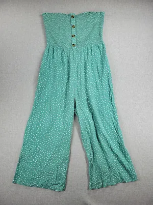 Angashion Womens Jumpsuit Large Green Polka Ruffles Strapless Smocked Wide Leg thumbnail 1