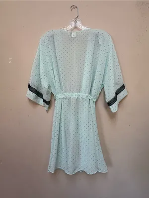 Sheer Polka Dot Tie Front Robe Medium Black Trim Vintage Style thumbnail 2