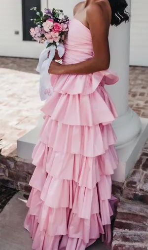 Stacees Pink Ruffle Prom Dress thumbnail 1