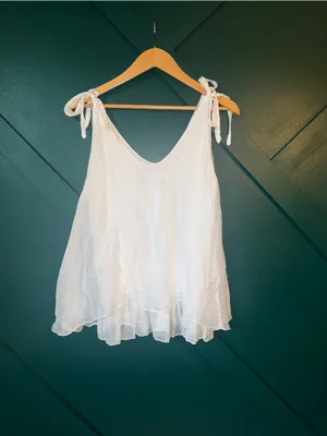 White Flowy Tie Shoulder Tank Sheer Layered Ruffle Hem Silk Blend Cottagecore thumbnail 3
