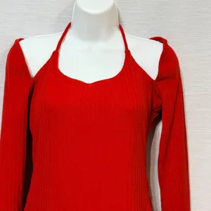 H:ours Red Ribbed Halter Cold Shoulder Long Sleeve Bodycon Mini Dress Small thumbnail 5
