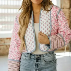 Reversible Quilted Jacket Floral Paisley Patchwork Cropped Boho Cottagecore L XL thumbnail 1