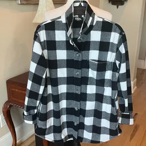 Eddie Bauer Micro fleece Button Up Shirt Black White Buffalo Check Oversized thumbnail 1