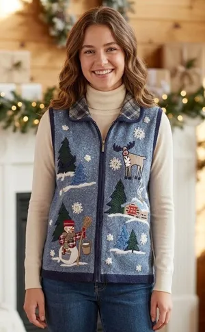 Victoria Jones size PM knitted winter holiday theme vest. thumbnail 1